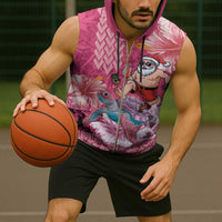 Hawaii Mele Kalikimaka Sleeveless Zip Hoodie Funny Santa with Tribal Tattoos Kakau Pink Color - Polynesian Pride