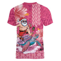 Hawaii Mele Kalikimaka Women V-Neck T-Shirt Funny Santa with Tribal Tattoos Kakau Pink Color - Polynesian Pride
