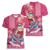 Hawaii Mele Kalikimaka Women V-Neck T-Shirt Funny Santa with Tribal Tattoos Kakau Pink Color - Polynesian Pride