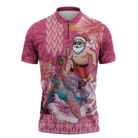 Hawaii Mele Kalikimaka Zipper Polo Shirt Funny Santa with Tribal Tattoos Kakau Pink Color LT03 Pink - Polynesian Pride