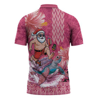 Hawaii Mele Kalikimaka Zipper Polo Shirt Funny Santa with Tribal Tattoos Kakau Pink Color LT03 - Polynesian Pride