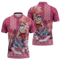 Hawaii Mele Kalikimaka Zipper Polo Shirt Funny Santa with Tribal Tattoos Kakau Pink Color LT03 - Polynesian Pride