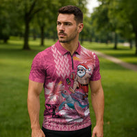 Hawaii Mele Kalikimaka Zipper Polo Shirt Funny Santa with Tribal Tattoos Kakau Pink Color LT03 - Polynesian Pride