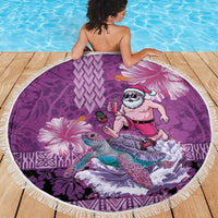 Hawaii Mele Kalikimaka Beach Blanket Funny Santa with Tribal Tattoos Kakau Purple Color - Polynesian Pride