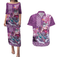 Hawaii Mele Kalikimaka Couples Matching Puletasi and Hawaiian Shirt Funny Santa with Tribal Tattoos Kakau Purple Color - Polynesian Pride