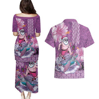 Hawaii Mele Kalikimaka Couples Matching Puletasi and Hawaiian Shirt Funny Santa with Tribal Tattoos Kakau Purple Color - Polynesian Pride