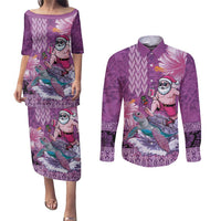Hawaii Mele Kalikimaka Couples Matching Puletasi and Long Sleeve Button Shirt Funny Santa with Tribal Tattoos Kakau Purple Color - Polynesian Pride
