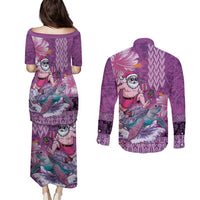 Hawaii Mele Kalikimaka Couples Matching Puletasi and Long Sleeve Button Shirt Funny Santa with Tribal Tattoos Kakau Purple Color - Polynesian Pride