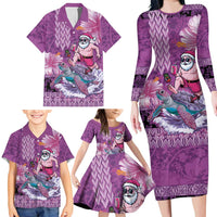 Hawaii Mele Kalikimaka Family Matching Long Sleeve Bodycon Dress and Hawaiian Shirt Funny Santa with Tribal Tattoos Kakau Purple Color - Polynesian Pride
