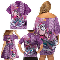 Hawaii Mele Kalikimaka Family Matching Off Shoulder Short Dress and Hawaiian Shirt Funny Santa with Tribal Tattoos Kakau Purple Color - Polynesian Pride