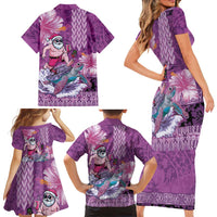 Hawaii Mele Kalikimaka Family Matching Short Sleeve Bodycon Dress and Hawaiian Shirt Funny Santa with Tribal Tattoos Kakau Purple Color - Polynesian Pride