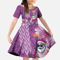 Hawaii Mele Kalikimaka Kid Short Sleeve Dress Funny Santa with Tribal Tattoos Kakau Purple Color - Polynesian Pride