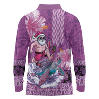 Hawaii Mele Kalikimaka Long Sleeve Polo Shirt Funny Santa with Tribal Tattoos Kakau Purple Color - Polynesian Pride