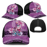 Hawaii Mele Kalikimaka Mesh Trucker Cap Funny Santa with Tribal Tattoos Kakau Purple Color - Polynesian Pride