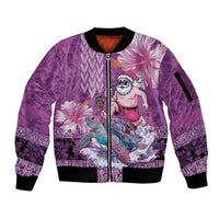 Hawaii Mele Kalikimaka Sleeve Zip Bomber Jacket Funny Santa with Tribal Tattoos Kakau Purple Color - Polynesian Pride