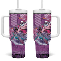 Hawaii Mele Kalikimaka Tumbler With Handle Funny Santa with Tribal Tattoos Kakau Purple Color - Polynesian Pride