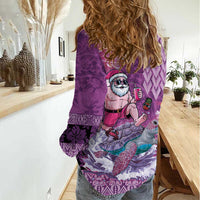 Hawaii Mele Kalikimaka Women Casual Shirt Funny Santa with Tribal Tattoos Kakau Purple Color - Polynesian Pride