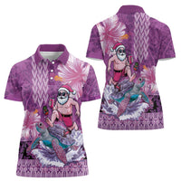 Hawaii Mele Kalikimaka Women Polo Shirt Funny Santa with Tribal Tattoos Kakau Purple Color - Polynesian Pride