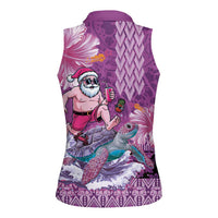 Hawaii Mele Kalikimaka Women Sleeveless Polo Shirt Funny Santa with Tribal Tattoos Kakau Purple Color - Polynesian Pride