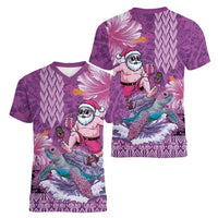 Hawaii Mele Kalikimaka Women V-Neck T-Shirt Funny Santa with Tribal Tattoos Kakau Purple Color - Polynesian Pride