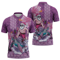Hawaii Mele Kalikimaka Zipper Polo Shirt Funny Santa with Tribal Tattoos Kakau Purple Color - Polynesian Pride