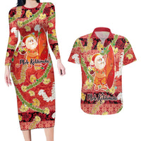 Hawaii Santa Mele Kalikimaka Couples Matching Long Sleeve Bodycon Dress and Hawaiian Shirt Tropical Puakenikeni Lei with Polynesian Tribal Pattern - Polynesian Pride