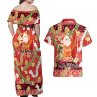 Hawaii Santa Mele Kalikimaka Couples Matching Off Shoulder Maxi Dress and Hawaiian Shirt Tropical Puakenikeni Lei with Polynesian Tribal Pattern - Polynesian Pride