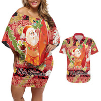 Hawaii Santa Mele Kalikimaka Couples Matching Off Shoulder Short Dress and Hawaiian Shirt Tropical Puakenikeni Lei with Polynesian Tribal Pattern - Polynesian Pride