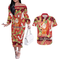 Hawaii Santa Mele Kalikimaka Couples Matching Off The Shoulder Long Sleeve Dress and Hawaiian Shirt Tropical Puakenikeni Lei with Polynesian Tribal Pattern - Polynesian Pride