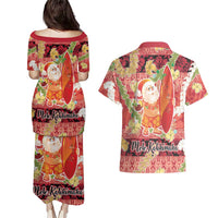 Hawaii Santa Mele Kalikimaka Couples Matching Puletasi and Hawaiian Shirt Tropical Puakenikeni Lei with Polynesian Tribal Pattern - Polynesian Pride