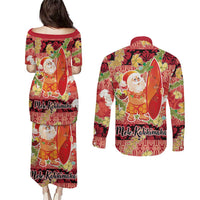 Hawaii Santa Mele Kalikimaka Couples Matching Puletasi and Long Sleeve Button Shirt Tropical Puakenikeni Lei with Polynesian Tribal Pattern - Polynesian Pride