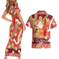 Hawaii Santa Mele Kalikimaka Couples Matching Short Sleeve Bodycon Dress and Hawaiian Shirt Tropical Puakenikeni Lei with Polynesian Tribal Pattern - Polynesian Pride