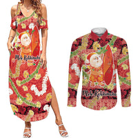 Hawaii Santa Mele Kalikimaka Couples Matching Summer Maxi Dress and Long Sleeve Button Shirt Tropical Puakenikeni Lei with Polynesian Tribal Pattern - Polynesian Pride