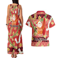 Hawaii Santa Mele Kalikimaka Couples Matching Tank Maxi Dress and Hawaiian Shirt Tropical Puakenikeni Lei with Polynesian Tribal Pattern - Polynesian Pride