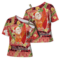 Hawaii Santa Mele Kalikimaka Cross Shoulder Shirt Tropical Puakenikeni Lei with Polynesian Tribal Pattern - Polynesian Pride