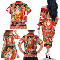 Hawaii Santa Mele Kalikimaka Family Matching Off The Shoulder Long Sleeve Dress and Hawaiian Shirt Tropical Puakenikeni Lei with Polynesian Tribal Pattern - Polynesian Pride