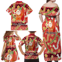 Hawaii Santa Mele Kalikimaka Family Matching Off Shoulder Maxi Dress and Hawaiian Shirt Tropical Puakenikeni Lei with Polynesian Tribal Pattern - Polynesian Pride