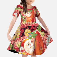 Hawaii Santa Mele Kalikimaka Family Matching Off Shoulder Short Dress and Hawaiian Shirt Tropical Puakenikeni Lei with Polynesian Tribal Pattern LT03 Daughter's Dress Red - Polynesian Pride