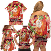 Hawaii Santa Mele Kalikimaka Family Matching Off Shoulder Short Dress and Hawaiian Shirt Tropical Puakenikeni Lei with Polynesian Tribal Pattern LT03 - Polynesian Pride