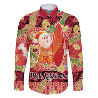 Hawaii Santa Mele Kalikimaka Family Matching Off Shoulder Short Dress and Hawaiian Shirt Tropical Puakenikeni Lei with Polynesian Tribal Pattern LT03 Dad's Shirt - Long Sleeve Red - Polynesian Pride