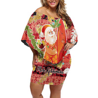 Hawaii Santa Mele Kalikimaka Family Matching Off Shoulder Short Dress and Hawaiian Shirt Tropical Puakenikeni Lei with Polynesian Tribal Pattern LT03 Red - Polynesian Pride