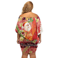 Hawaii Santa Mele Kalikimaka Family Matching Off Shoulder Short Dress and Hawaiian Shirt Tropical Puakenikeni Lei with Polynesian Tribal Pattern LT03 - Polynesian Pride