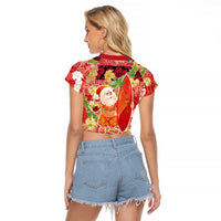 Hawaii Santa Mele Kalikimaka Raglan Cropped T Shirt Tropical Puakenikeni Lei with Polynesian Tribal Pattern - Polynesian Pride