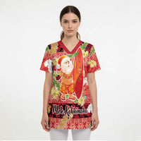 Hawaii Santa Mele Kalikimaka Scrub Top Tropical Puakenikeni Lei with Polynesian Tribal Pattern - Polynesian Pride