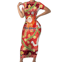 Hawaii Santa Mele Kalikimaka Short Sleeve Bodycon Dress Tropical Puakenikeni Lei with Polynesian Tribal Pattern - Polynesian Pride