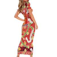 Hawaii Santa Mele Kalikimaka Short Sleeve Bodycon Dress Tropical Puakenikeni Lei with Polynesian Tribal Pattern - Polynesian Pride