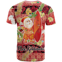 Hawaii Santa Mele Kalikimaka T Shirt Tropical Puakenikeni Lei with Polynesian Tribal Pattern - Polynesian Pride