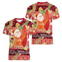 Hawaii Santa Mele Kalikimaka Women V-Neck T-Shirt Tropical Puakenikeni Lei with Polynesian Tribal Pattern - Polynesian Pride