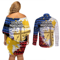 Hawaii Lutheran High School Couples Matching Off Shoulder Short Dress and Long Sleeve Button Shirt Kakau Pattern Splash Style LT03 - Polynesian Pride