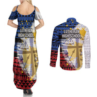 Hawaii Lutheran High School Couples Matching Summer Maxi Dress and Long Sleeve Button Shirt Kakau Pattern Splash Style LT03 - Polynesian Pride
